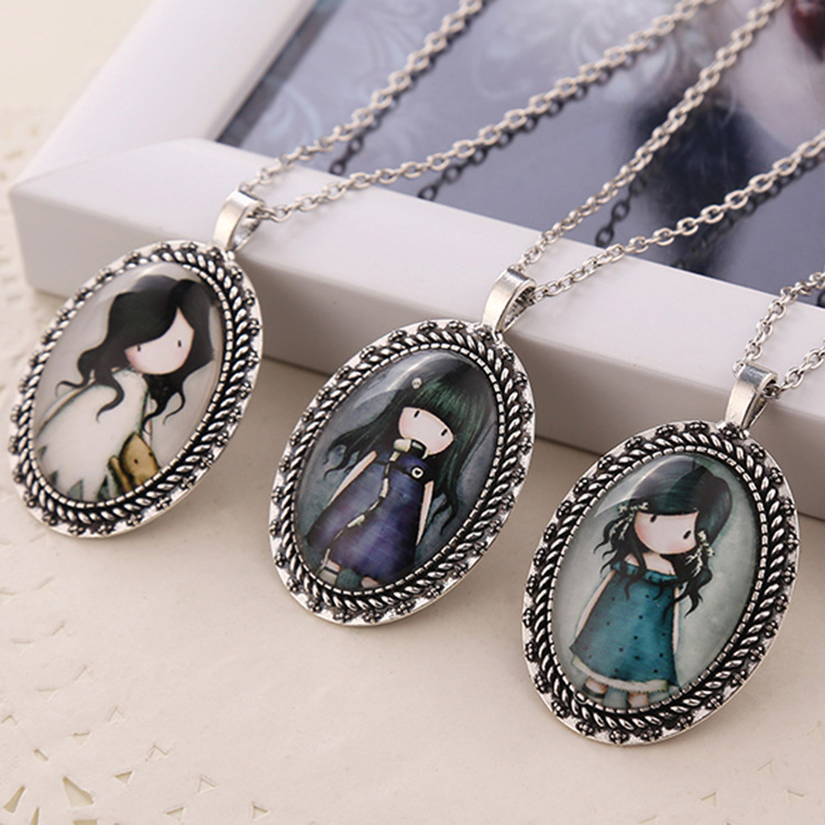 1pc charm cartoon womens vintage silver tone oval resin jane is a english girl pendant necklace
