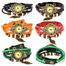 Lackingone cuarzo reloj 2015 caliente de la venta del relogio feminino reloj mujer cuero genuino pulsera vintage colgante de la hoja