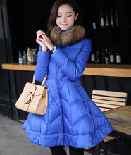 Women Winter Dress 2015 Europe Fashion Skirt Style Slim Long Duck Down Coat With Real Raccoon Fur Collar Outerwear
