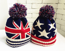 Top Sale Kids children winter warm hats boys and girls knitted wool puffer Ball hats cap Star design gorro lana