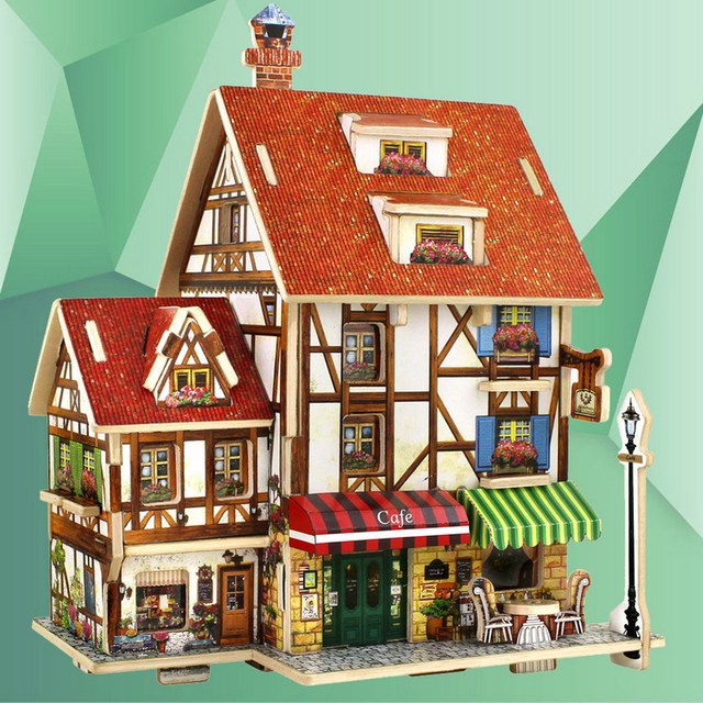 3D Деревянные Головоломки DIY Модель Детские Игрушки Франция Французский Стиль Coffee House Головоломки, 3d головоломки строительные, деревянные головоломки E5M1