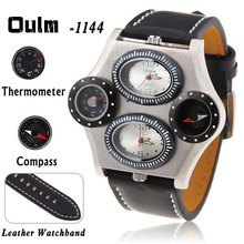 2015 caliente de moda Oulm1144 MensPunk reloj de cuarzo militar Dual Movt Thermomoeter reloj cuero hombre Casual Band pulsera