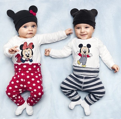 2015 New cotton children cartoon baby boys girls sets clothes 3pcs Long sleeved Romper hat pants