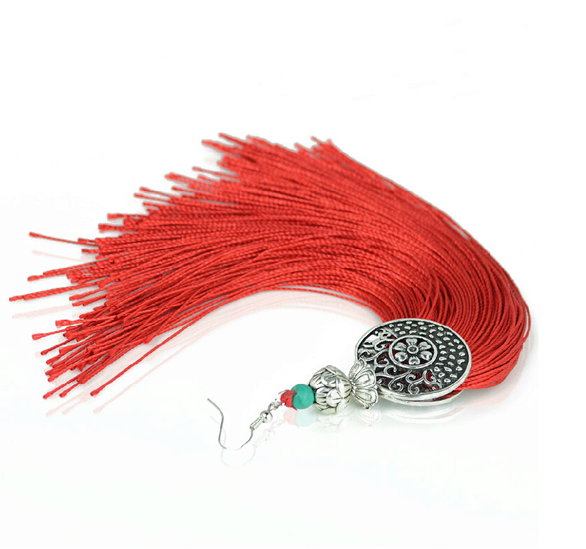 18cm Turquoise Beads Tassel Earring, Silver Charm Tassel Earring, Red Silk Thread Tassel Earring