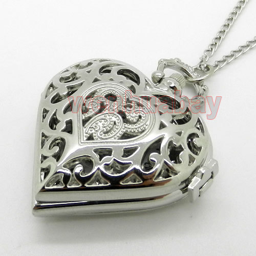 Fashion Charm Heart Shape Necklace Pendant Chain Quartz Pocket Watch