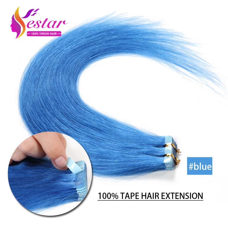 Blue 16" 24" 20pcs Tape Hair Extensions Human Brazilian Remy Adhesive