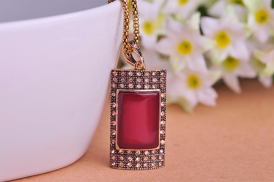 Vintage Ruby Jewelry Sets Antique Gold Plated Square Red Necklace Earring Ring Set Princess Hooks Earrings Big Size Rings Colar