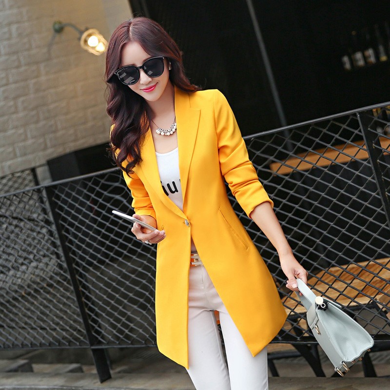 Business Casual Bright Color Blazer Women Long Jackets Ladies Silm Blazers Long Sleeve Orange Blue Pink Black Jacket Female bb