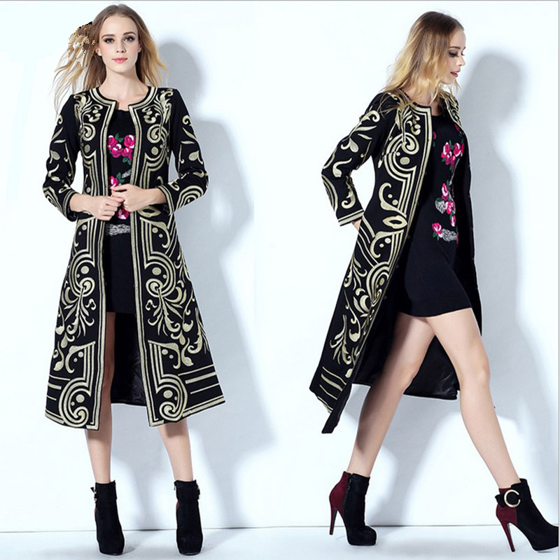 Long Trench Coat 2015 Autumn Winter European Fashion New Arrival Women's Full Sleeve Black Embroidery Vintage Trench Coat