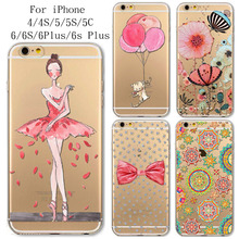 Phone Case Cover For iPhone 4 4s 5 5s 5c 6 6s 6Plus 6s Plus Ultra Soft Silicon Transparent Pink Cat Ballet Girl Flowers Bowknot