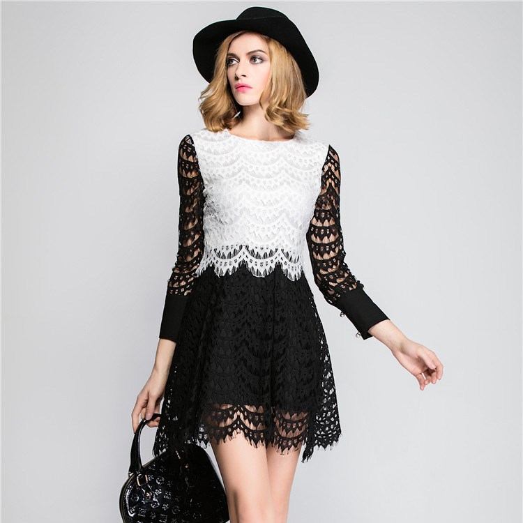 Europe in the spring of 2016 new women's fashion lace stitching seven sleeve dress one generation