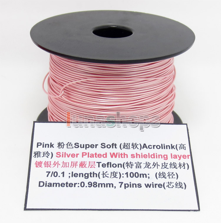 Pink 100m 32AWG Acrolink Silver Plated With Shielding Layer Signal Teflon Wire Cable 7/0.1mm2 Dia:0.96mm For DIY