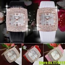 Hot 2015Women’s Luxury Square Shiny Crystal Rhinestones Faux Leather Analog Wrist Watch