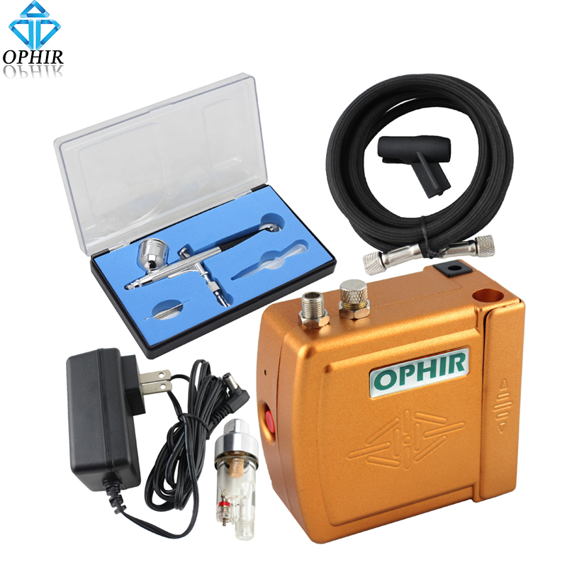 OPHIR Free shipping Golden Airbrush Mini  Air Compressor 0.3mm Dual-Action for Cake Decoration #AC003G+AC004+AC011