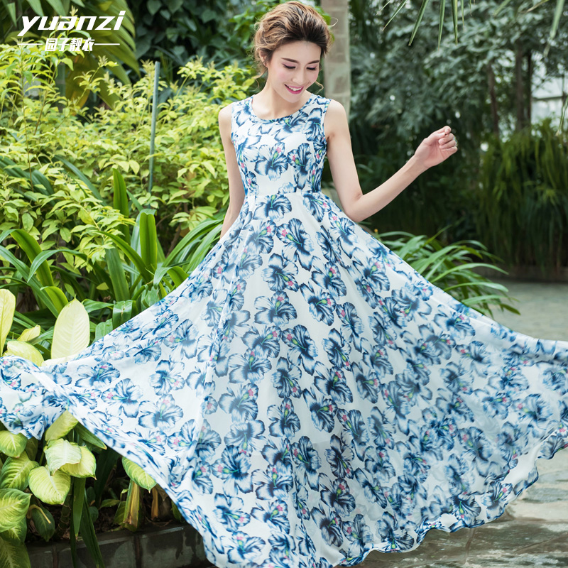 The garden beautiful clothes 2016 new spring and summer dress slim lady Chiffon floral large swing  female 573