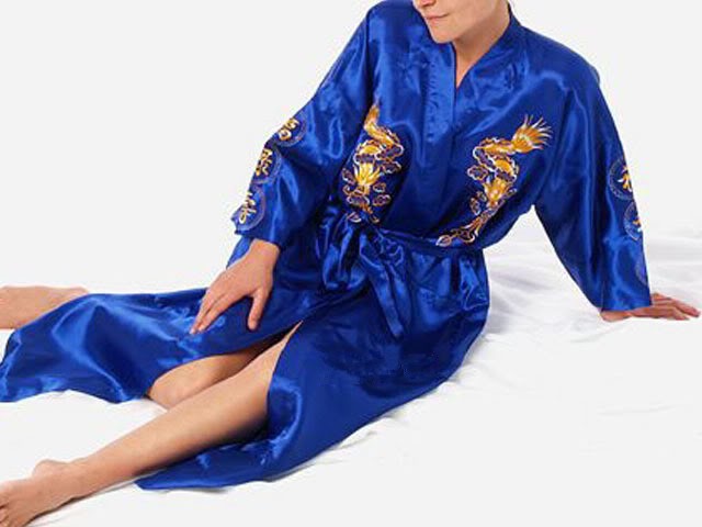 Navy Blue Chinese Women's Silk Satin Robe Embroidery Kimono Bath Gown Dragon S M L XL XXL XXXL S0008