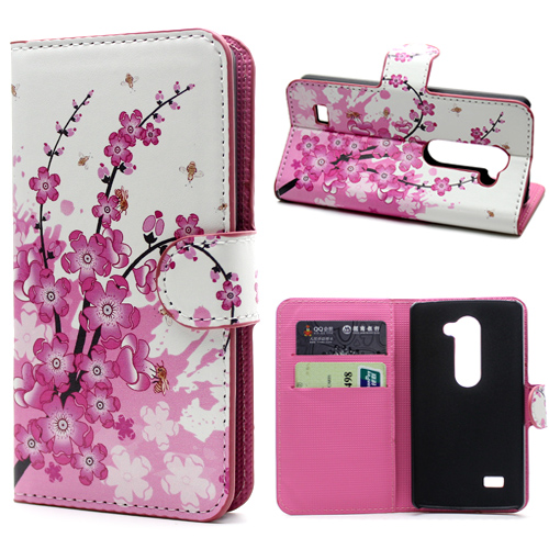 Pink Plum Design Leather Credit Card Wallet Flip Back Cover Case For LG Leon 4G LTE H340N C40 C50 Phone Bags Cases Free Shipping