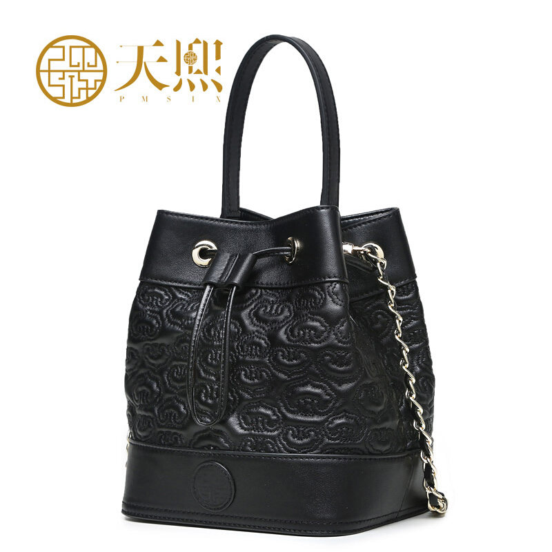 PMSIX Brand Sheepskin Handbag Genuine Leather Bag Embroidery Bucket Women Totes Fashion National Shoulder Messenger Bags