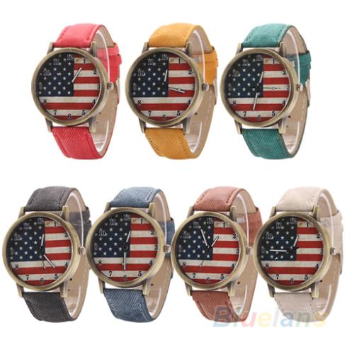Unisex women men Vintage United States Flag Bronze Denim Band Quartz Analog Wrist Watch 2KDK