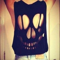 Women saia new fashion 2015 summer spring hollow out skull backless solid short Female T-shirt black/white/purple s m l xl