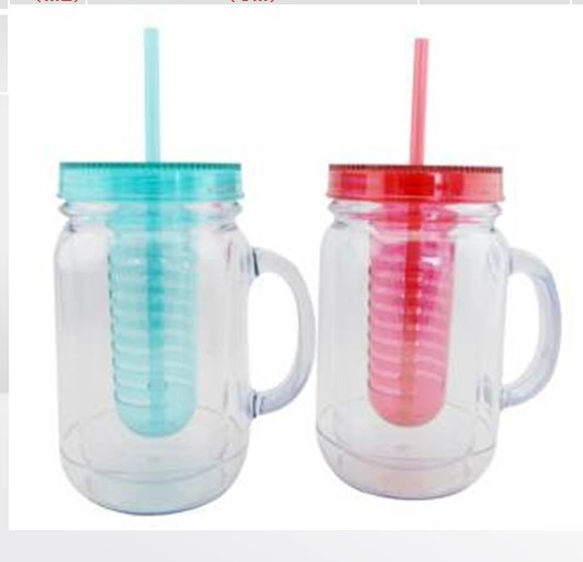 Double wall plastic mason jar with handle wholesale with fruit infuser
