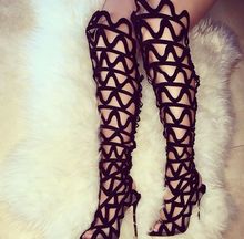 Gorgeous ladies sexy black suede over the knee long sandals cut-outs high heel shoes cross strappy lace up boots for summer