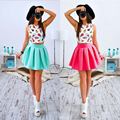 New Arrival 2017 Womens Sexy Print Mini Party Dresses Fashion Cute Casual Female Print 2 Piece