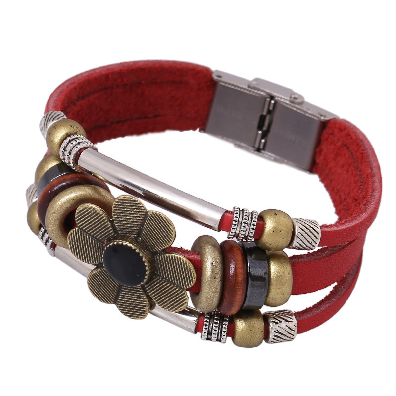 Korean version of Metal sunflowers Leather bracelet beaded bracelet couple jewelry wholesale ...