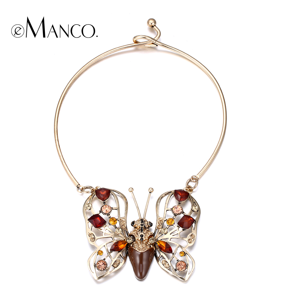 eManco alloy butterfly collar necklace crystal animal gold plated torques rhinestone insect necklaces for women bisuteria mujer
