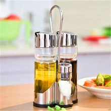 kitchen Accessory Durable Kitchen Glass Oil Bottle Salt Pepper Shakers Set Soy Container Shakers Cruet Set with Stand Spice Set