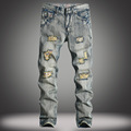 Fashion trend male retro vintage broken hole distressed straight denim pants street wear mid waist ripped