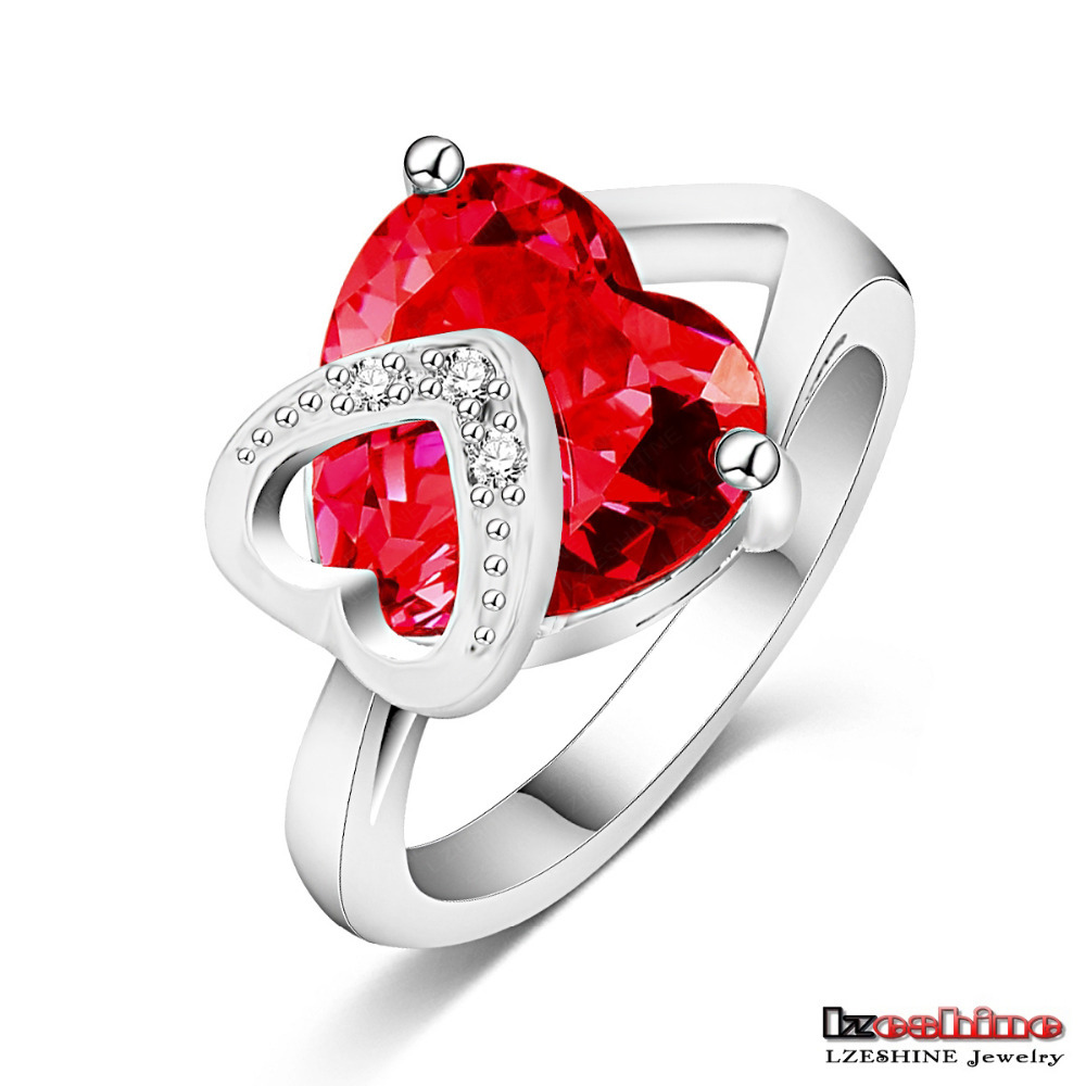 Romantic Christmas Love Gift Female Ring Fashion Accessories Platinum Plated Heart Shaped Ruby Cocktail Rings Anillos