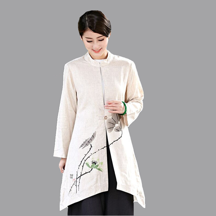 Novelty Beige Female Women Long Jacket Linen Cotton Coat Classic Chinese Tang Clothing Chaqueta Size S M L XL XXL XXXL Mne01B