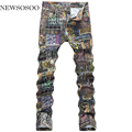 NEWSOSOO 2016 New Arrival Vintage Printed Jeans Men High Quality Winter Straight Jeans Elastic Denim Overalls