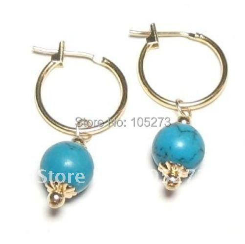 New Arrive Chirstmas Jewelry ! Elegant Genuine AA 8MM Turquoise 14k-20 Gold Hoop Dangle Earring Turquoise Earring Hot Sale