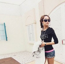 2015 New Casual Cotton Letters Printed T Shirt Fashion Sexy Women Slim Long Sleeve Blouse Blusas