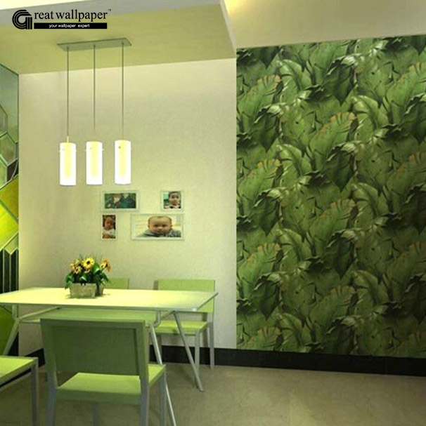 Banana Leaf Restaurant wallpaper roll green Chinese style living room TV background wall paper