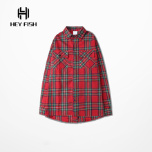 HEY FISH Good Quality Hip Hop Men Shirts Red Tartan Plaid Long Sleeve Casual Shirt Classic Street Wear Band Clothing