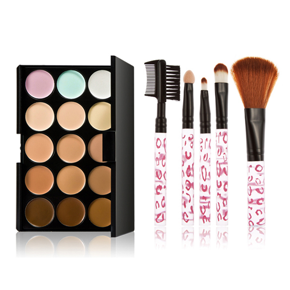 BS S 15 Colors Contour Face Cream Makeup Concealer Palette 5PC Pink Brush