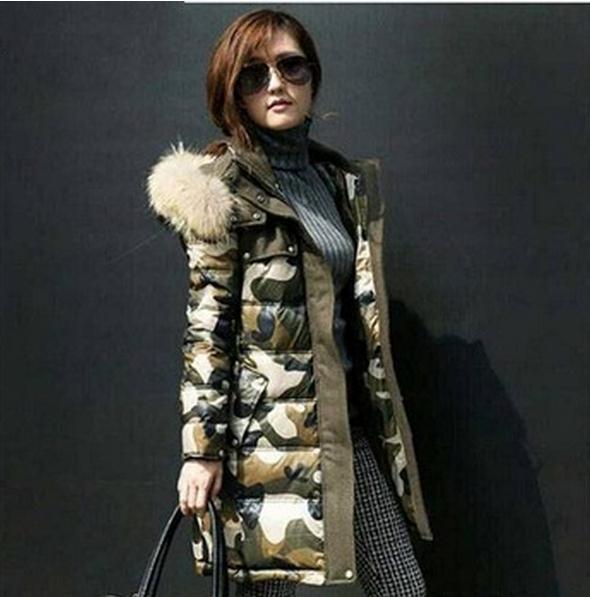 2014 Winter Down & Parkas Fur Collar Hooded Coat Camouflage Long Down Jacket Women Coats/Jackets/Outwear Free shipping