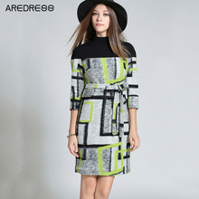 Wool Winter Dresses Women 2016 Plus Size Patchwork Bodycon Knitted Turtleneck Plaid Warm Wrap Dress Belt Tartan Clothing