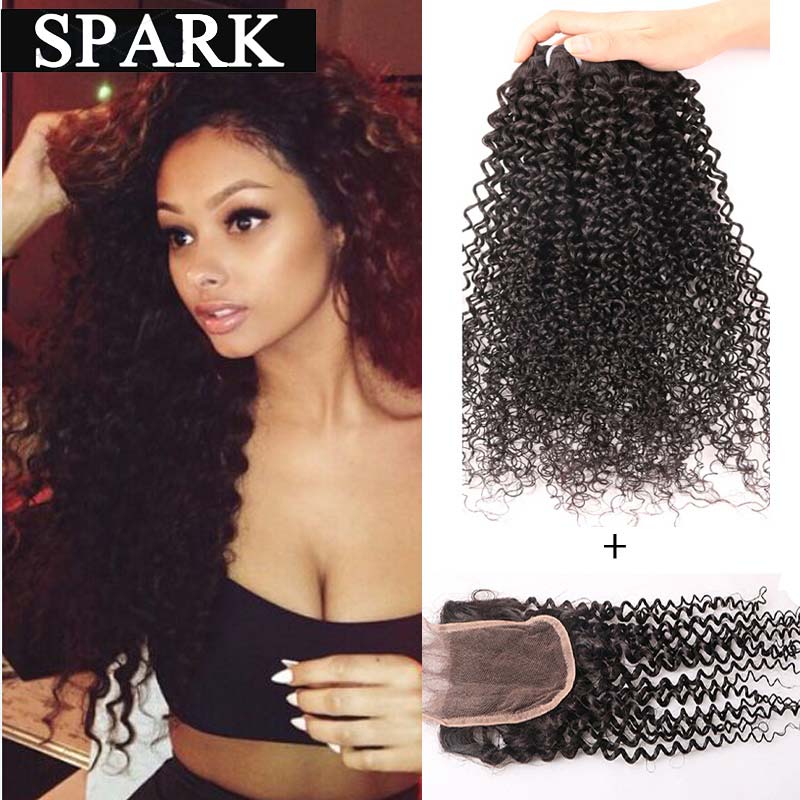 Brazilian Kinky Curly Virgin Hair With Closure 6A 3pcs Brazilian Hair Weave Bundles With Lace Closure Afro Kinky Curly Hair KC02