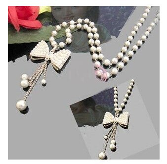 Korean jewelry Hot Selling Bow Imitation Pearl Necklace Pendant long Design Necklace Woman Jewelry Accessories Free