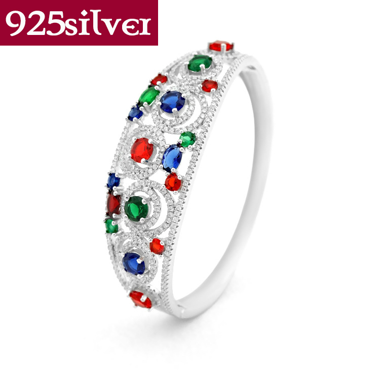 Z021 Best Gifts Luxury Bangles Jewelry For Women Genuine 925 Sterling Silver Jewelry Colorful Austrian Crystal Bracelets Bangles