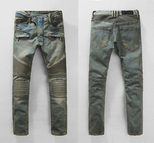 New BP Mens Fashion Runway Biker Slim Stratch Washed Denim Jeans Knee Pleated Men High Fashion Moto Punk Jeans Size 28-38 #937
