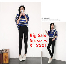 2015big size High Elastic Fashion Cotton Women Black High Waist Torn Jeans Ripped Hole Knee Skinny Pencil Pants Slim Capris
