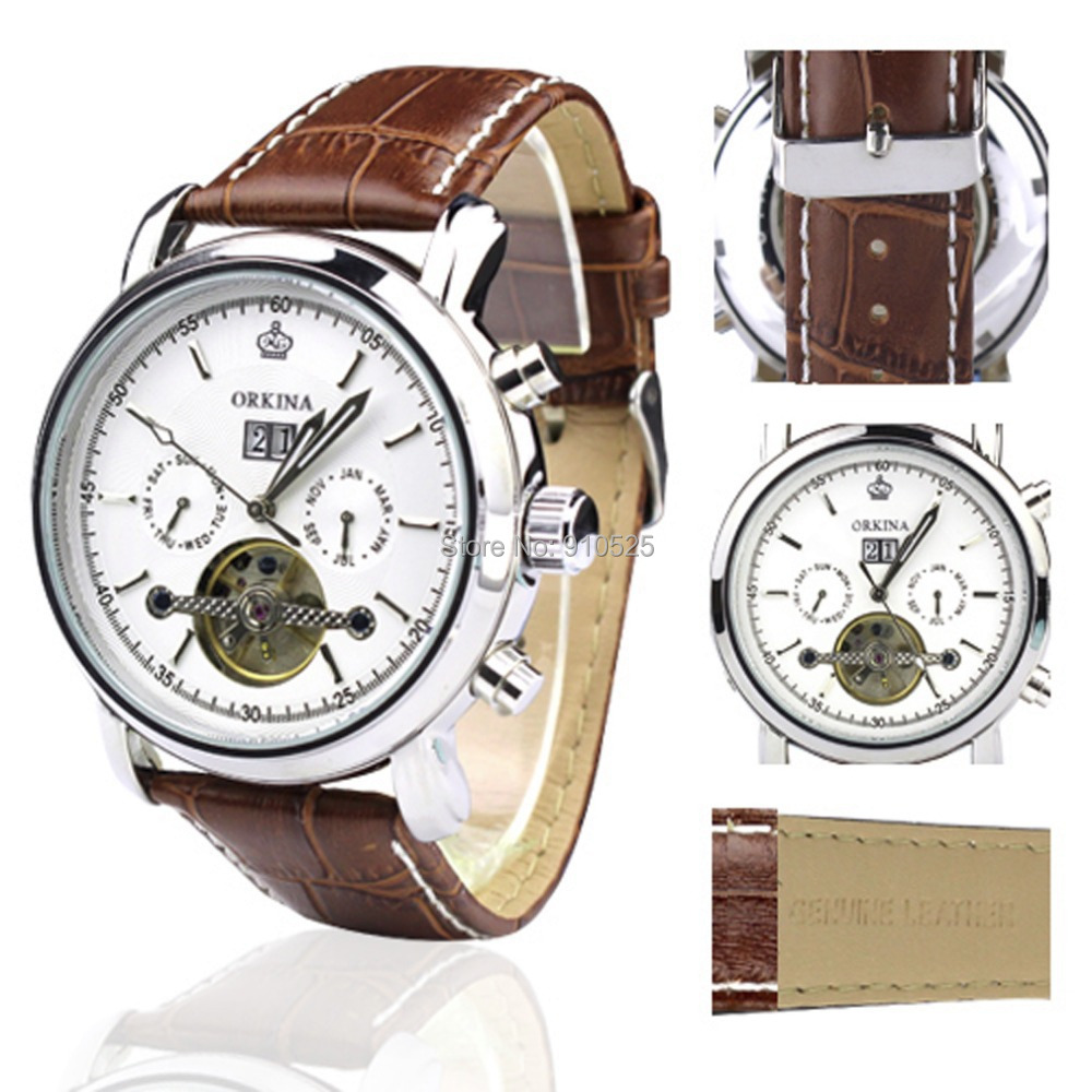 Orkina White Chronograph Style Dial Mechanical Brown Color Leather Strap Wrist Watch | ORK0043