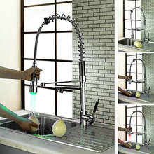 three holes Chrome Brass LED 3 Colors Pull Out Kitchen Faucet Vessel Sink Mixer Tap 2 Spouts torneira eletrica banheiro