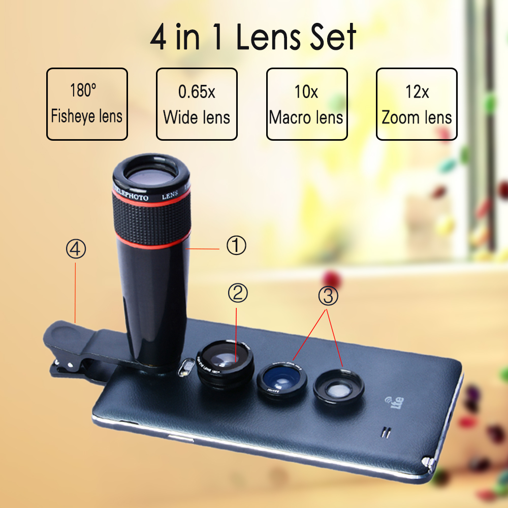 12X Telephoto Telescope Optical Zoom Lens+ Wide Angle & Macro+ Fisheye