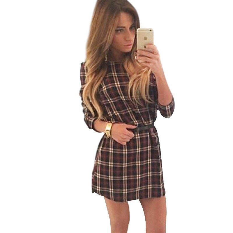 Autumn Plaid Dress desigual Fashion Ladies Brand New Long Sleeve O-neck t shirt Dress vestido de festa ONY001 (4)